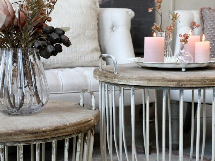 Sofabord med trælåg - sæt af 2 stk - antique hvid