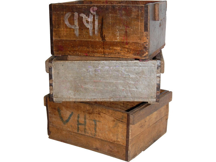 Gamle rå trækasser - træ m. patina - sæt m. 3 kasser